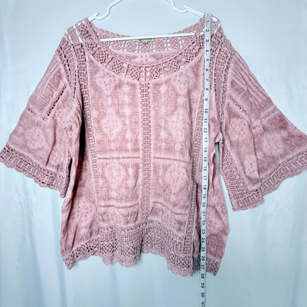 Democracy Dusty Pink Crochet Lace Bell Sleeve Blouse XL Boho Romantic - Picture 3 of 10